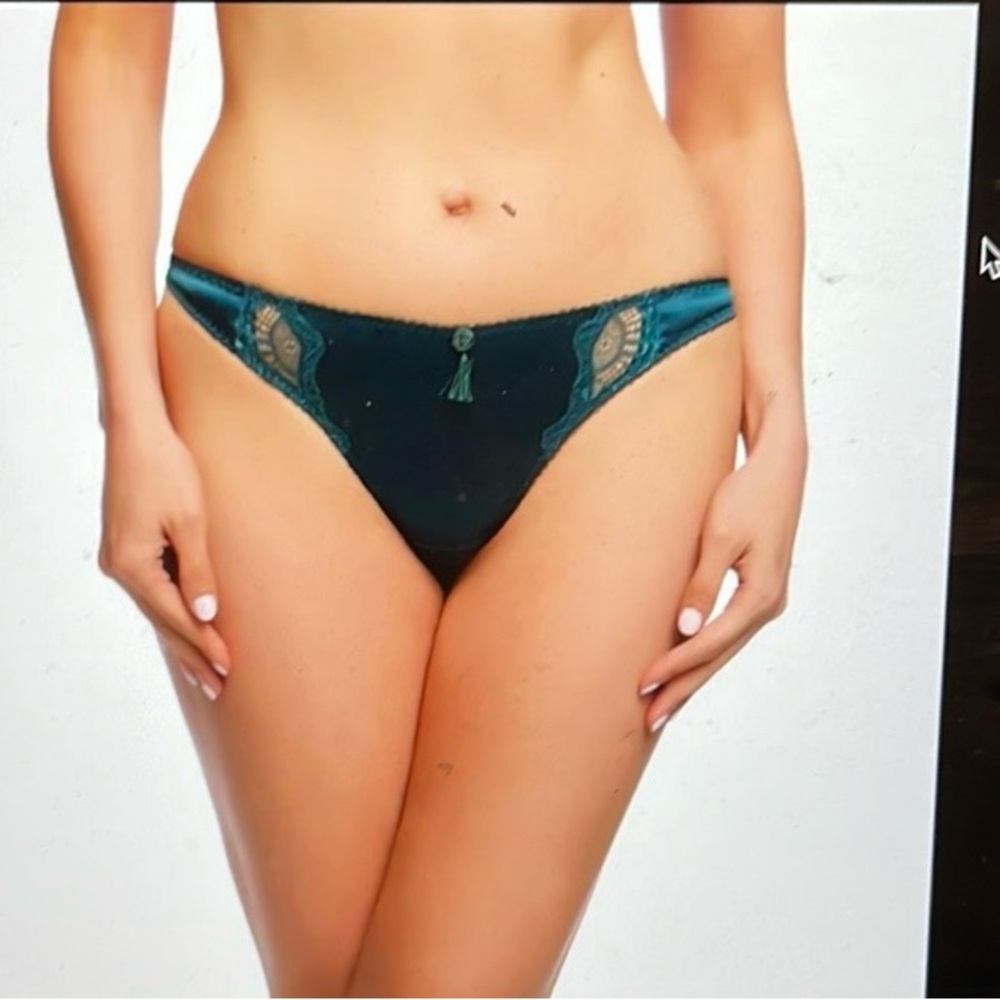 Dita Von Teese Teal Lace Trim Satin Thong Panty
